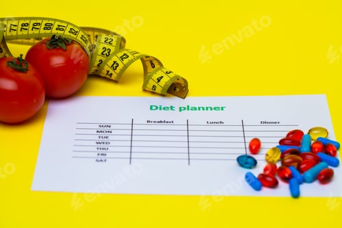 Preview: Diet plan and weight loss pills on a yellow background
