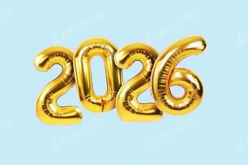Visualização: Balões festivos de Ano Novo dourado de 2026 voando sobre fundo azul. Números antigos 2026. Ano Novo