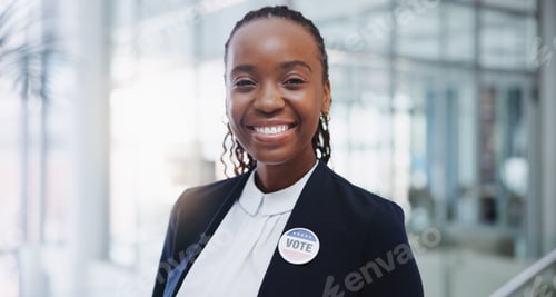 Preview: Black woman, smile and badge for vote in office in portrait with confidence for support with electi