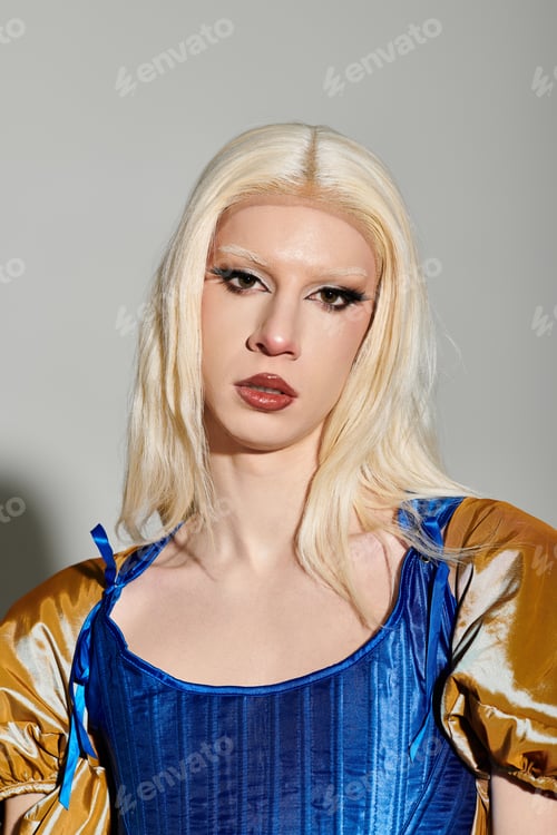 Preview: Vibrant stylish drag queen showcasing bold fashion in a creative setting