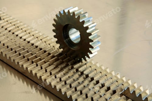 Preview: Gear wheel on rail. Industrial background.