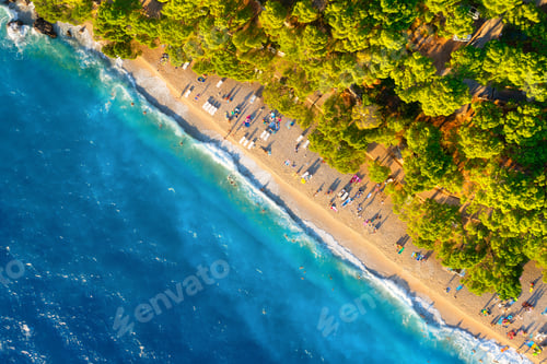 Preview: View from the air on the beach. Aerial view. Rest on the beach. Sea relaxation and travel.