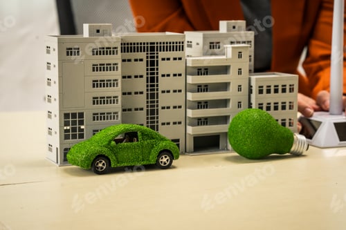 Preview: A businesswoman working at a desk in sustainable urban development, promoting eco-friendly