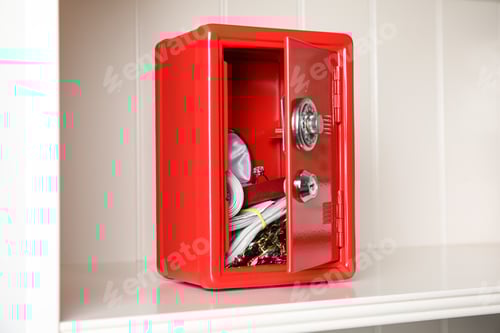 Preview: Open red steel safe with money and jewelry on shelf