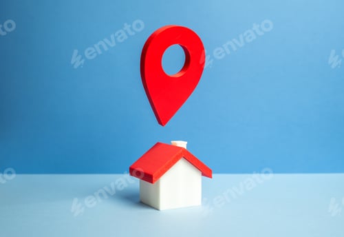 Preview: A house with a geolocation pin hovering above the roof. Navigation and location