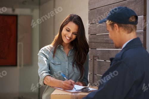 Preview: Doing it the easy way. Shot of a young woman signing for a delivery.