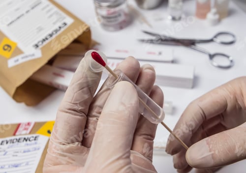 Preview: Hematological analysis with forensic test kit in a murder in a crime lab, conceptual image