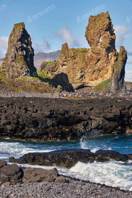 Preview: Basaltic rocks cliffs and North Atlantic Ocean. Snaefellnes Peninsula. Iceland