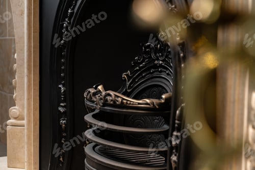 Preview: Empty fireplace with metal antique grate close up