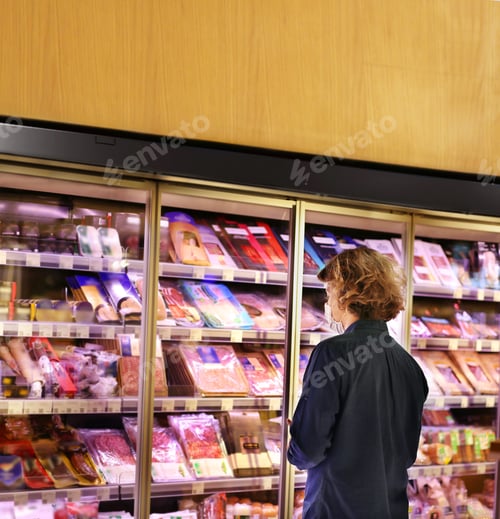 Preview: Supermarket Shopping, Face Mask And Gloves,Young Man Shopping In Supermarket, Reading Product