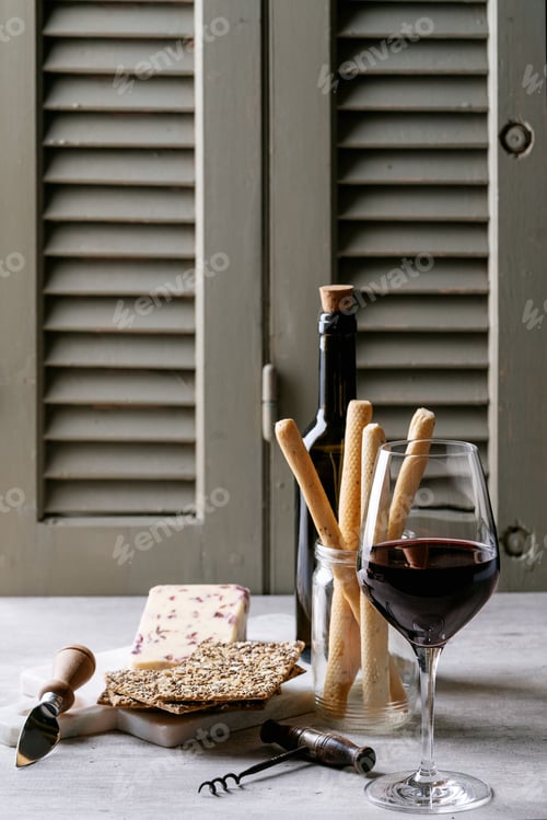 Preview: Wine, Cheese and Crackers Arrangement on Countertop