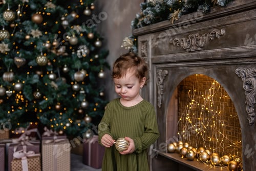 Preview: Close up portrait of little girl in warm green dress holds golden ball in hands, stands by fireplace