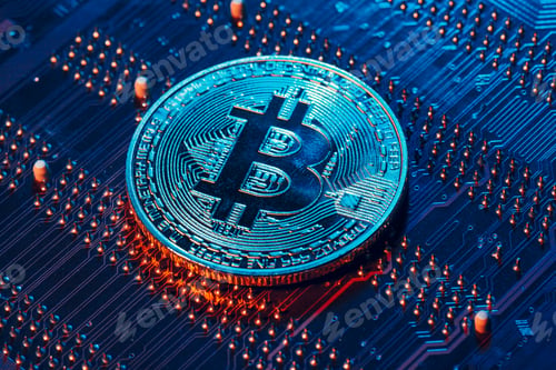 Preview: golden bitcoin and computer chip in background