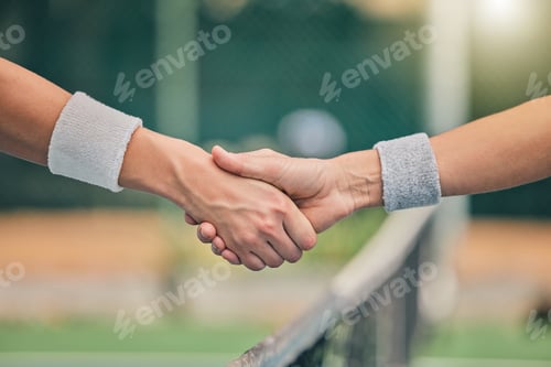 Preview: Hand, tennis and handshake for partnership, unity or greeting in sportsmanship at the outdoor court