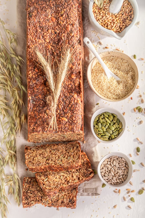 Preview: Multigrain loaf of wholemeal bread with grain and ears.