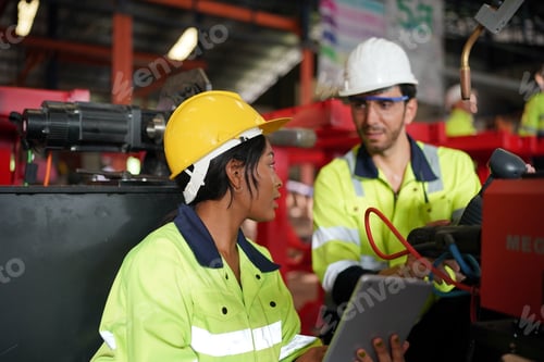 Preview: Robotics engineer working on maintenance of robotic arm in factory warehouse. Business technology.
