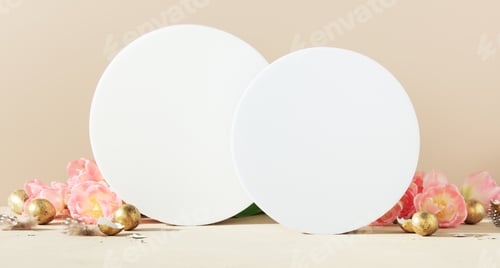 Preview: Empty round podium, easter gold eggs with spring tulip flowers on a pink background
