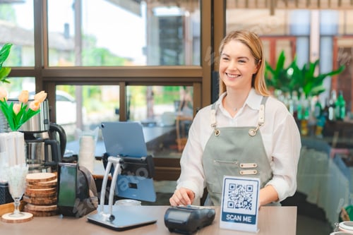 Preview: Happy smile waitress standing at restaurant, Young professional business woman attend new customers