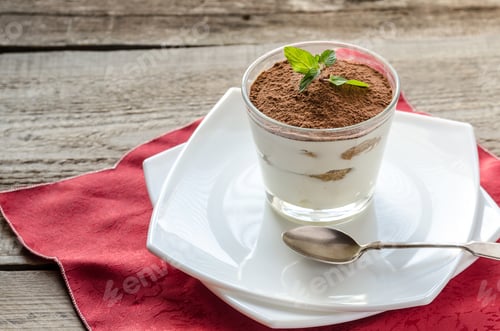 Preview: Tiramisu in the glass on the wooden background