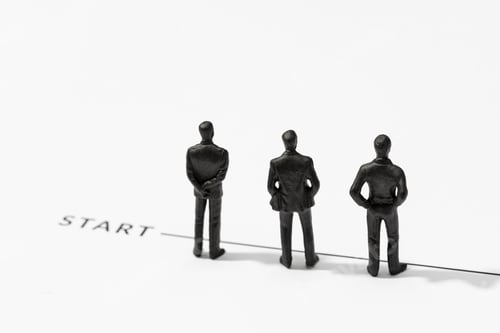Preview: Group of Businessmen figurine on Starting line. Business start, competition, work team