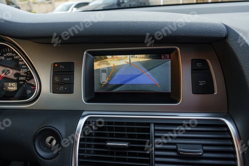 Preview: Rear view camera display shows guidelines while parking in a vehicle interior
