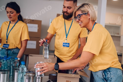 Preview: Group of volunteers working in community charity donation center