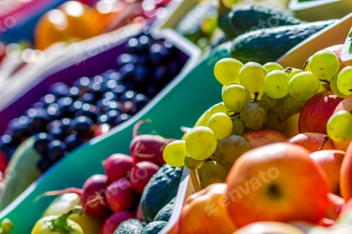 Preview: Farmers fruit market with various colorful fresh fruits and vegetables