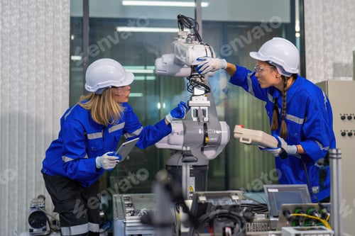 Preview: Female robotic factory workers use tablet pc quality checking Circuit Boards after assembly