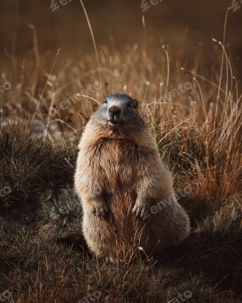 Preview: Vertical closeup shot of a fluffy brown marmot on a rural field in Austria