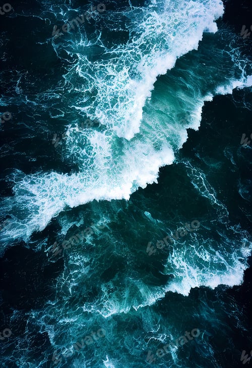 Preview: Aerial drone view with of crashing waves in crystal ocean. Top view. Blue clean wavy sea water.Blue