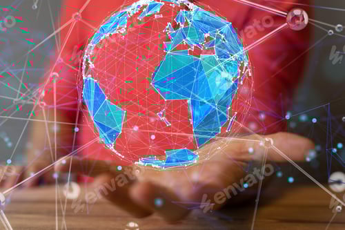 Preview: a man holding a globe in his hands with connected lines around it