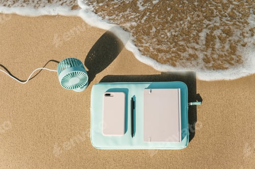 Preview: Notebook with smartphone on sandy beach