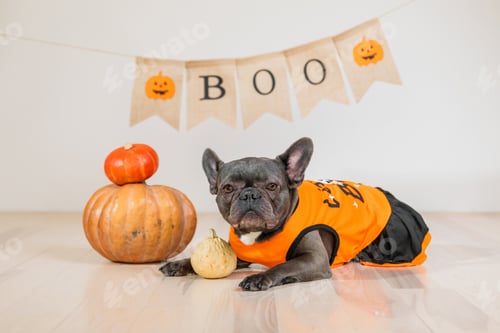 Preview: French Bulldog in Halloween Costume with BOO Banner and Pumpkins