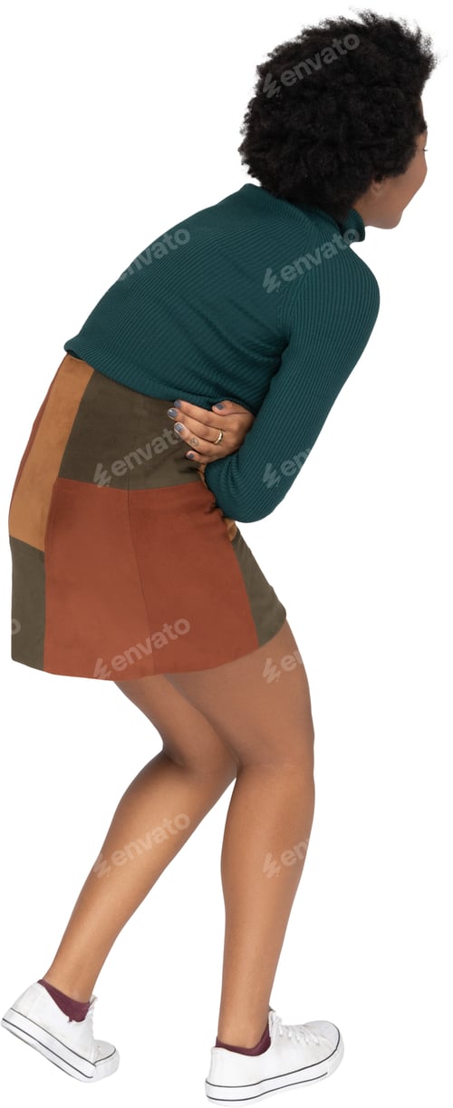 Preview: a woman wearing a green sweater and a brown skirt