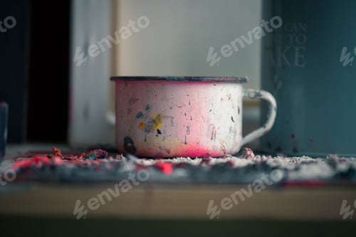 Preview: A metal cup covered in remains of acrylic paint
