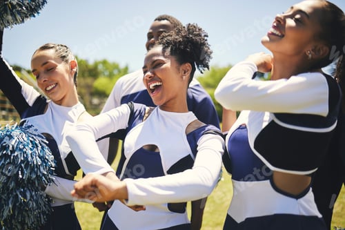 Preview: Cheerleaders, grass field and champion with celebration, smile and winner with happiness, motivatio