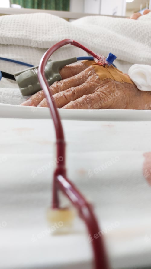 Preview: Hand of patient receiving blood transfusion in hospital ward