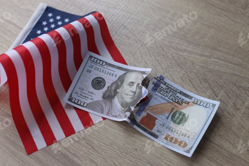 Preview: Torn dollar bill with American flag. Debt ceiling, stock market and financial concept.