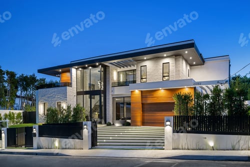 Preview: Modern House at Dusk in a Suburban Setting