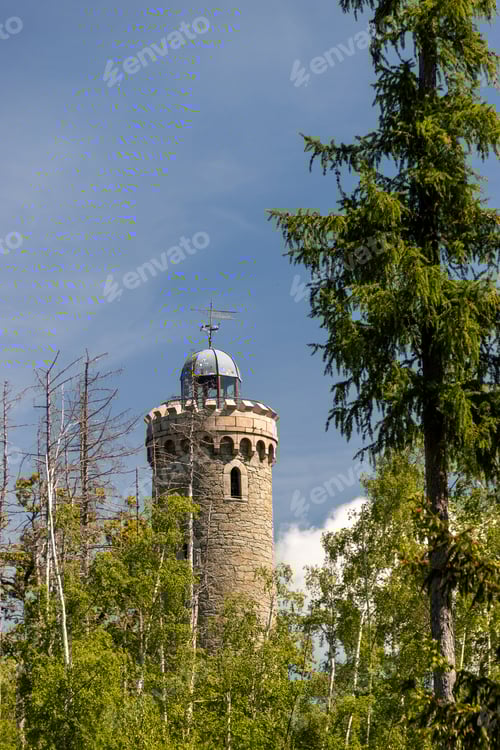Preview: a tall tower with a sky background and trees behind it