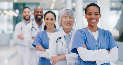 Preview: Healthcare, people and portrait with arms crossed in hospital for medical service, pride and unity.