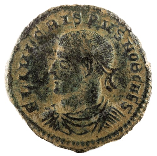 Preview: Closeup shot of an ancient Roman coin with emperor Crispus inscription