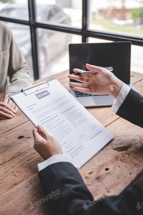 Preview: Portrait of a person interviewing for a job and
Submit resume to staff job application concept
