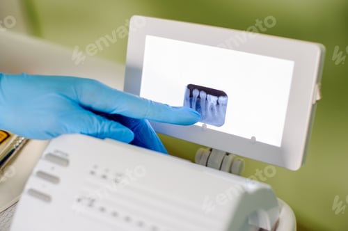 Preview: Dentist showing X-ray in stomatology clinic