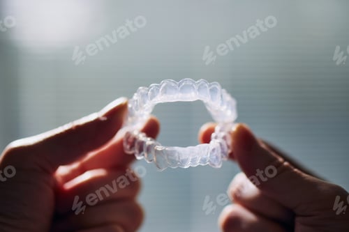 Preview: Close-up view of hand holding teeth whitening trays against window.