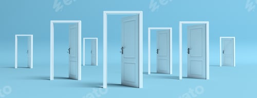 Preview: White doors opened on blue background, banner. 3d illustration