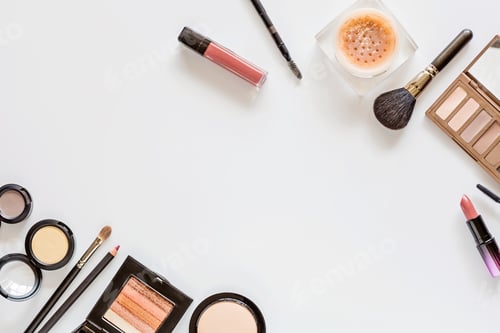 Preview: Makeup Products Arranged on White Background