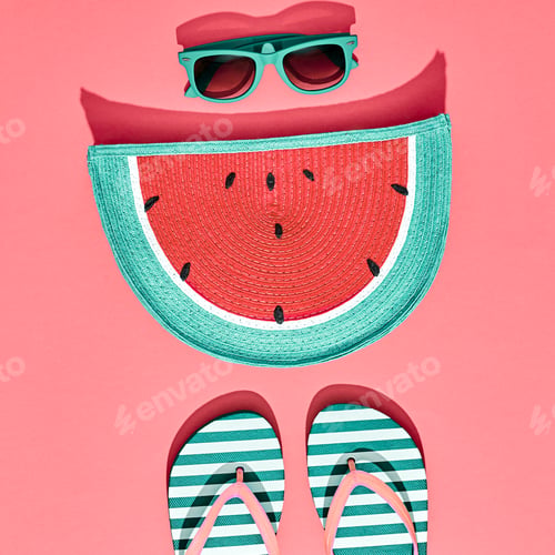 Preview: Fashion Summer Hipster Accessories minimal. Woman clothes collection falling on vivid background. Tr