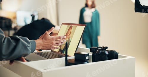 Preview: Laptop, screen and hands with photography editor in studio for production, fashion and design. Crea