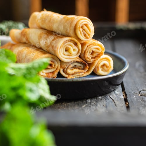 Preview: Crepes Breakfast Thin Pancakes Sweet Dessert Flat Cake Shrovetide Snack Healthy Meal Top View Copy